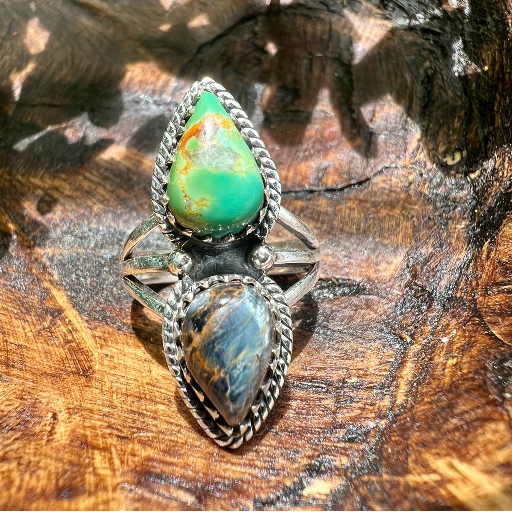 Kingman Turquoise & Pietersite Double Stone Ring | 925 Sterling Silver Size 7